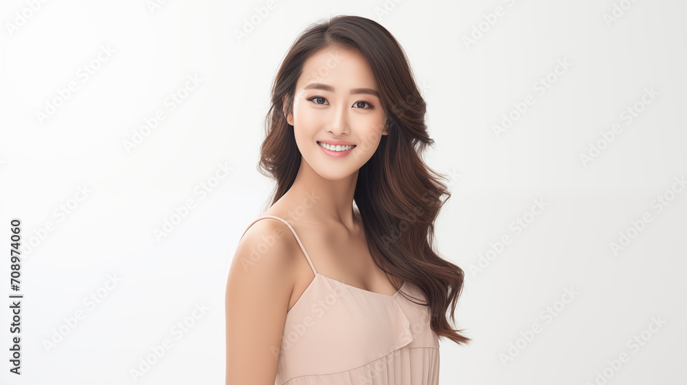 Cheerful young woman with wavy hair in a pastel dress, smiling brightly against a white backdrop Cheerful young woman with wavy hair in a pastel dress, smiling brightly against a white backdrop