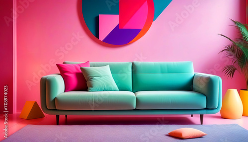 Vibrant sofa in room with abstract geometric shapes. Postmodern Memphis style interior design of modern living room