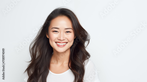 Exuberant Asian woman with a beaming smile and flowing hair, wearing a white tee against a white background