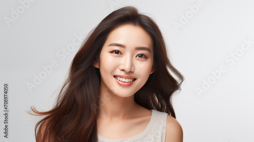 A close-up of a beaming young woman with flowing brown hair and a casual top  against a soft gray background