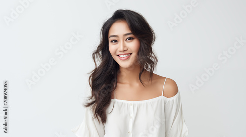 Beautiful Asian woman with a captivating smile, wearing an off-shoulder white top, on a clean background