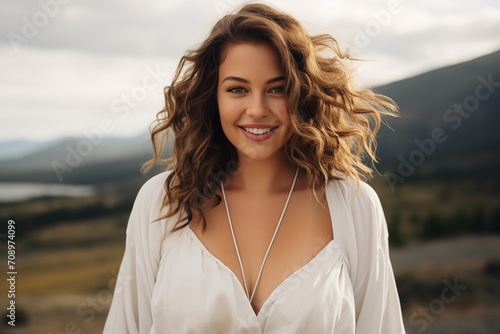 Joyful woman outdoors with voluminous wavy hair, wearing a white blouse, with a mountainous backdrop