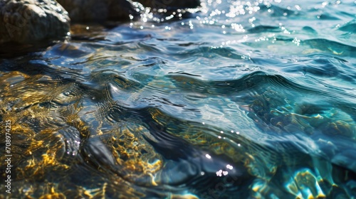  a body of water with rocks on the shore and sunlight reflecting off of the water's surface and creating a wave pattern on the water surface of the water.