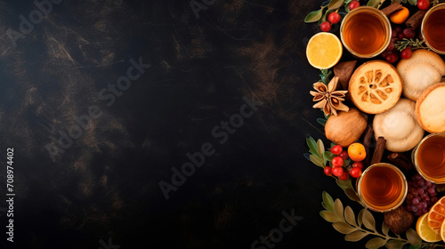 Jewish Easter on a dark background with a picture of a traditional table with an empty space for text. Flat lay.