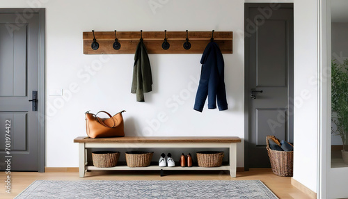 Wall-mounted coat rack above rustic bench. Farmhouse interior design of modern entrance hall photo