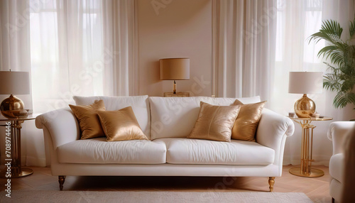 White fabric sofa and brass decor pieces. Interior design of cozy living room © AT