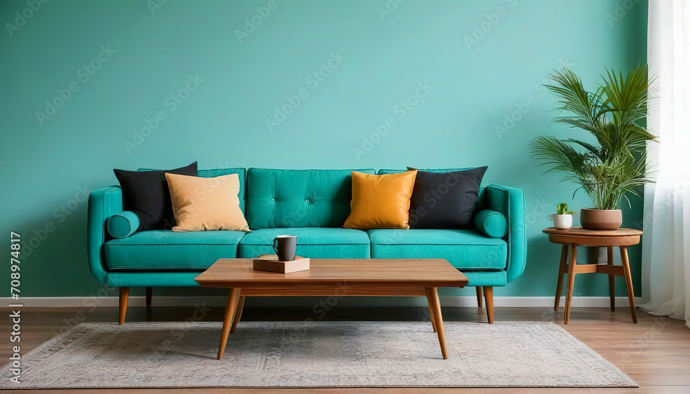 Wooden coffee table near turquoise sofa against wall with frame. Mid-century, retro, vintage style home interior design of modern living room Wooden coffee table near turquoise sofa against wall with frame. Mid-century, retro, vintage style home interior design of modern living room