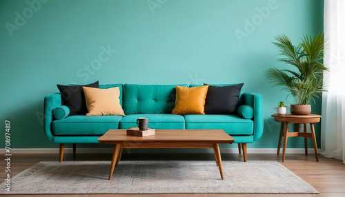 Wooden coffee table near turquoise sofa against wall with frame. Mid-century, retro, vintage style home interior design of modern living room photo