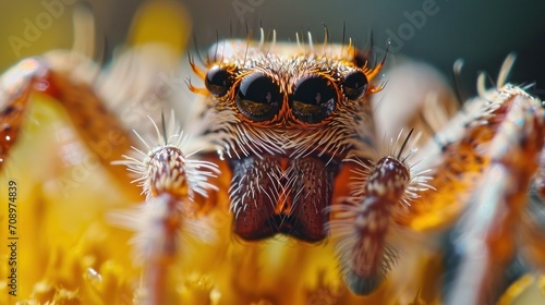  a close up of a spider on a plant with lots of tiny spiky spikes on it's back legs and eyes, with a blurry background of yellow flowers. © Olga