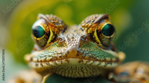  a close up of a frog's face with yellow and green eyes and a green leaf in the foreground with a blurry background of a blurry background.