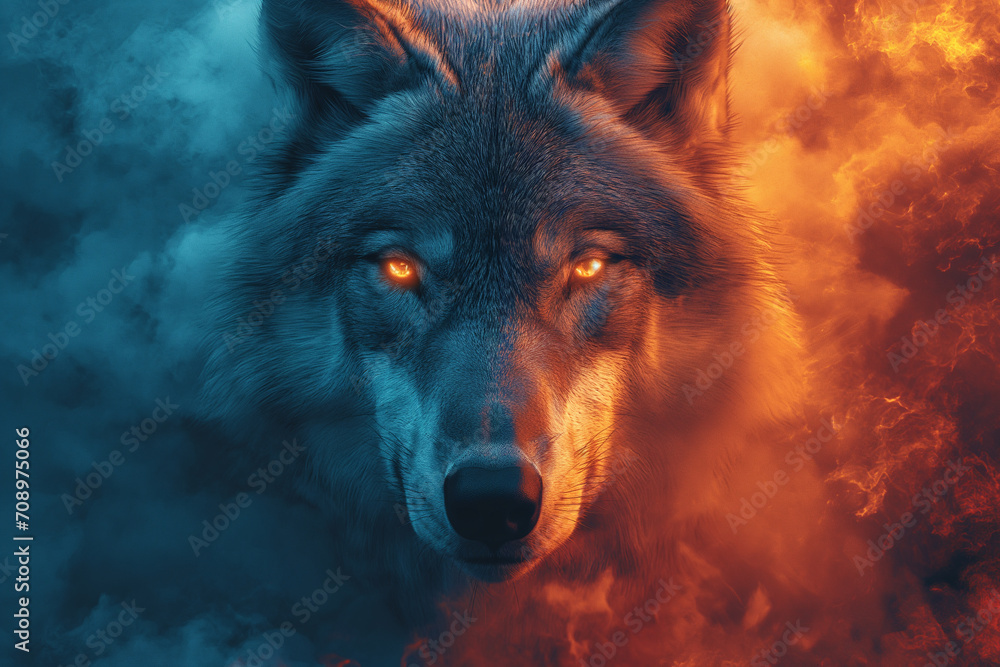 Wolf Enveloped in a Dance of Flames and Icy Blues Wolf Enveloped in a Dance of Flames and Icy Blues