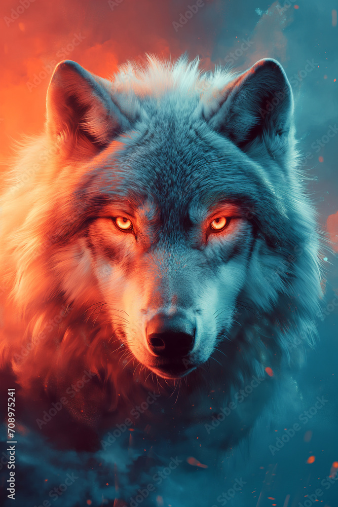 Wolf Enveloped in a Dance of Flames and Icy Blues