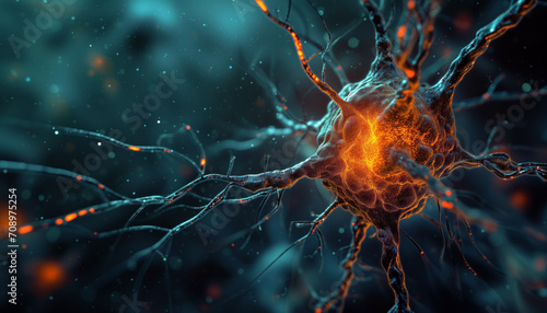 Neuron cell with electrical impulses in abstract space photo