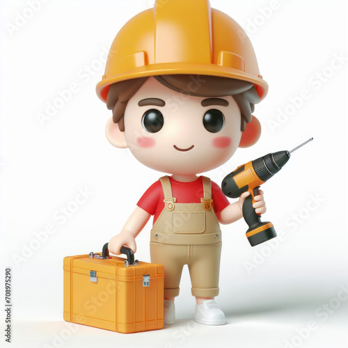 3d cartoon character construction worker on bright white solid background. ai generative © Igor