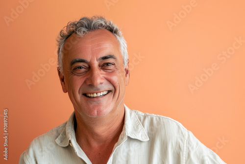 Medium shot portrait photography of a pleased man in his 50s against a light orange background