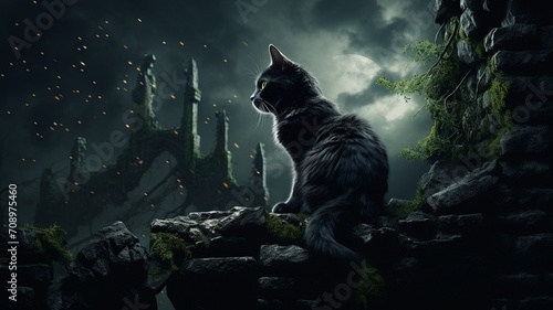 Majestic Black Cat with Piercing Green Eyes sitting against a scary backdrop - AI Generative