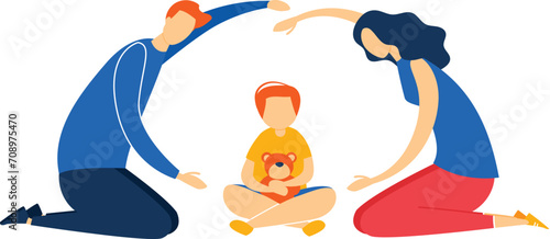 Family playing together, parents creating a home shape over child. Child holding teddy bear, concept of loving home. Happy family and childhood memories vector illustration.