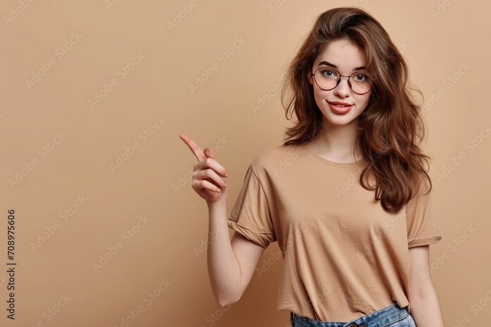 portrait of a beautiful woman in bright clothes smiling sweetly while pointing at something generative ai portrait of a beautiful woman in bright clothes smiling sweetly while pointing at something generative ai