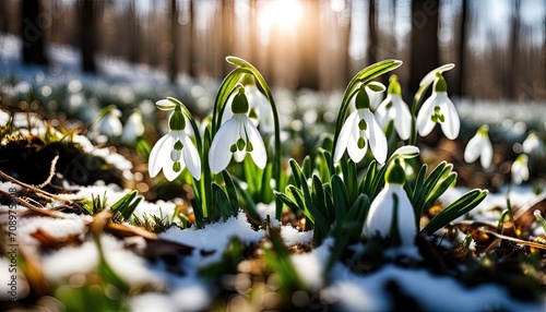 Snowdrop flowers on a forest clearing in the sunlight of the snow. Postcard for the March holidays.