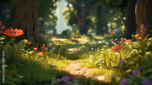 A captivating forest path surrounded by vibrant flowers and greenery, illuminated by a mystical light.