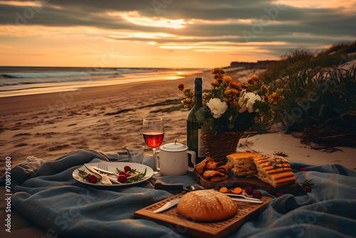 Picnic prepared on the beach at sunset