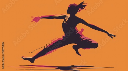  a silhouette of a man running with his arms out in the air and his arms out in the air with his hands out in front of his body, on an orange background.