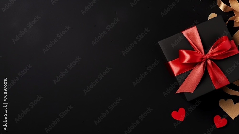 Black gift box with red ribbon and hearts on black background with copy space for text. Black gift box with red ribbon and hearts on black background with copy space for text.