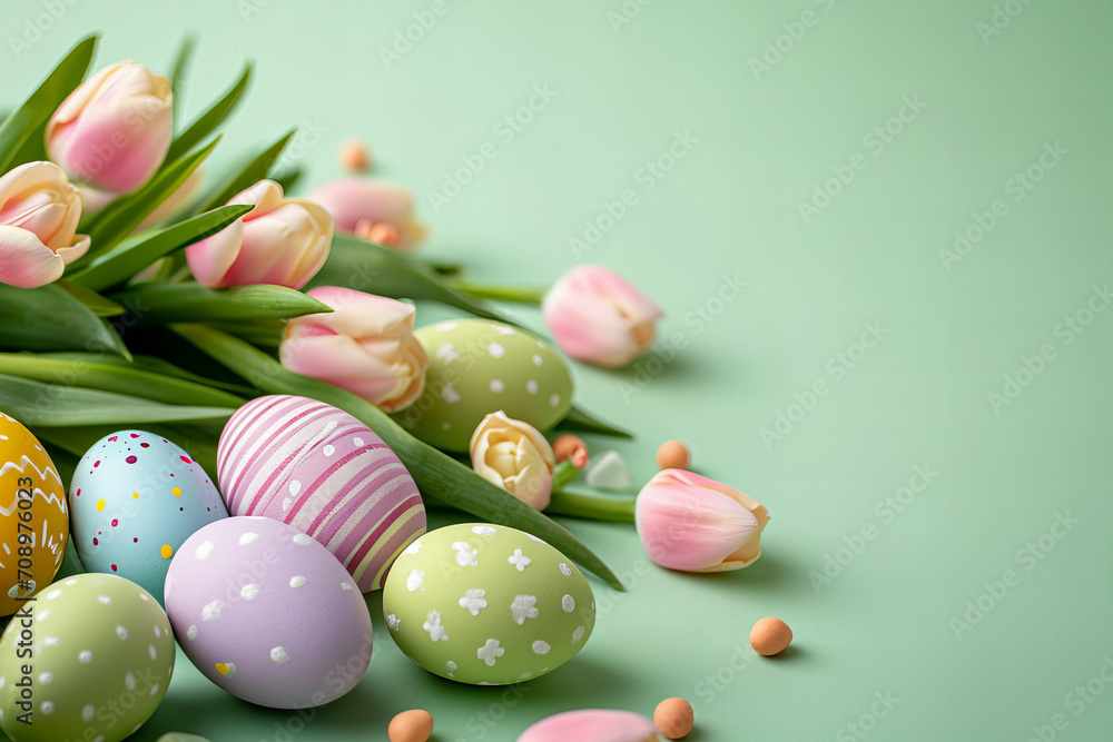 easter eggs and tulips on pastel green background easter eggs and tulips on pastel green background