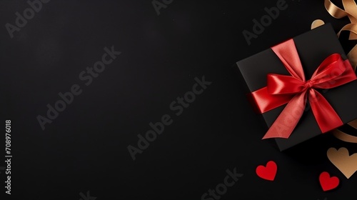 Black gift box with red ribbon and hearts on black background with copy space for text.