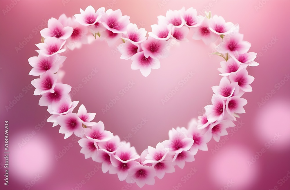 Flowers in the shape of a heart on a pink background. Valentine's Day card. Valentine's Day background. Flowers in the shape of a heart on a pink background. Valentine's Day card. Valentine's Day background.