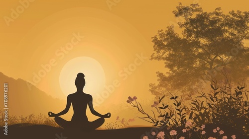  a person sitting in a yoga position in front of the sun in the middle of a field with wildflowers in the foreground and a tree in the background.