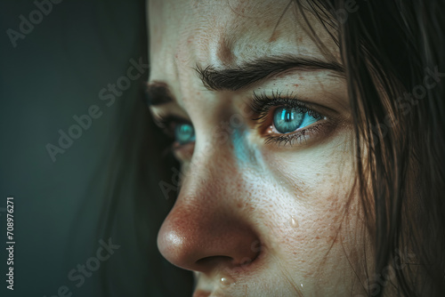 Portrait of a frankly weeping woman. Tears, tearful eyes, sad look . Concept - psychological help, support . Experienced psychological or physical violence .
