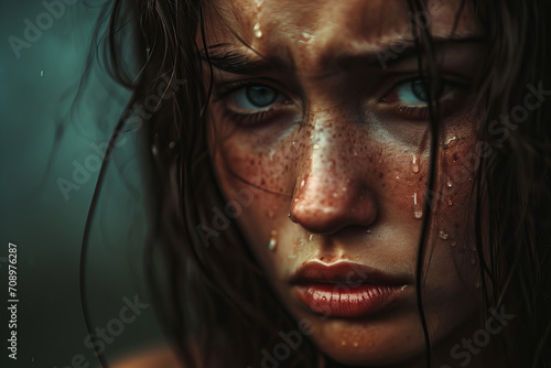 Dark portrait of a frankly weeping woman. Tears, tearful eyes, sad look . Concept - psychological help, support . Experienced psychological or physical violence .