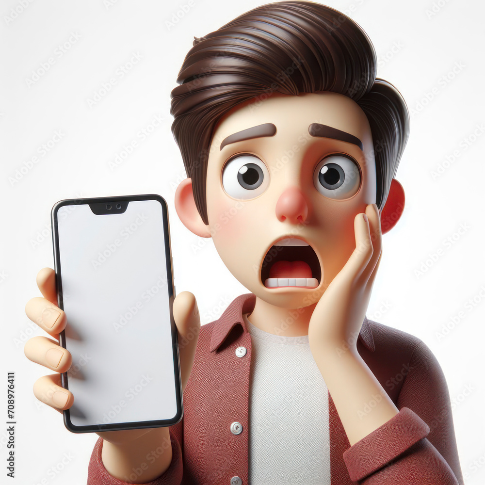 Portrait of a Shocked Cute 3d man holding smartphone with white mockup screen on solid white background. ai generative Portrait of a Shocked Cute 3d man holding smartphone with white mockup screen on solid white background. ai generative