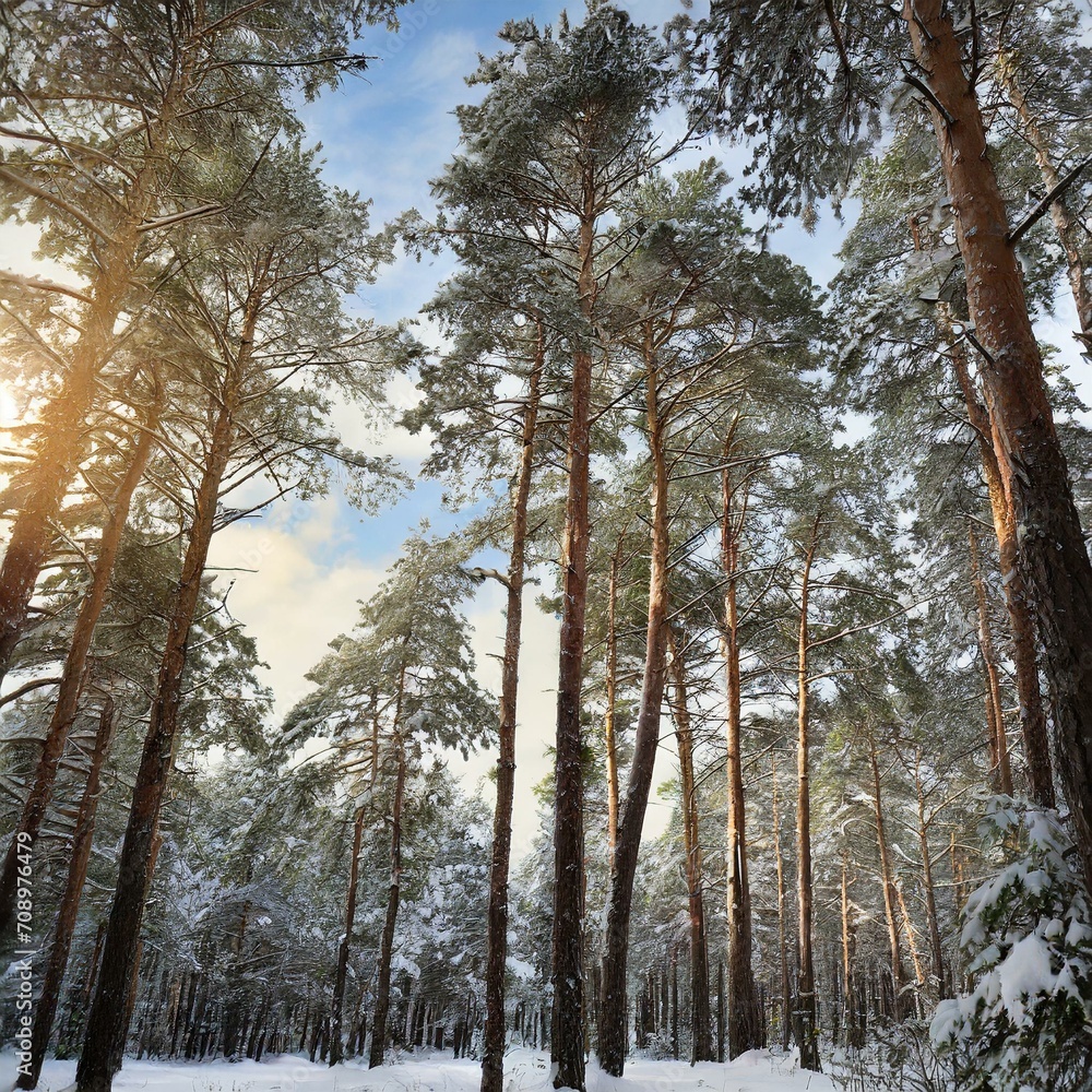 Fototapeta premium Pines tree, sun rising in pines forest, an esthetic nature background 