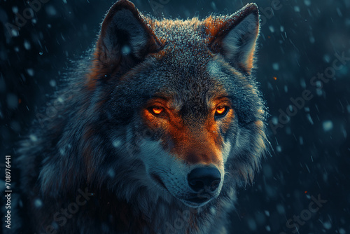 Wolf's Glowing Eyes Amidst a Dance of Snowflakes © artefacti