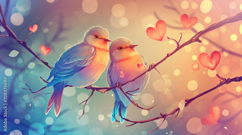  a couple of birds sitting on top of a tree branch next to a heart shaped tree filled with red and pink hearts on a blue and pink boke background.