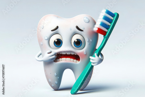 scared dirty tooth afraid of toothbrush 3d tooth character Isolated on solid white background. ai generative