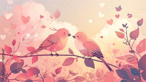  a couple of birds sitting on top of a tree branch next to a heart shaped tree filled with leaves and a sky filled with lots of pink and red hearts. © Olga