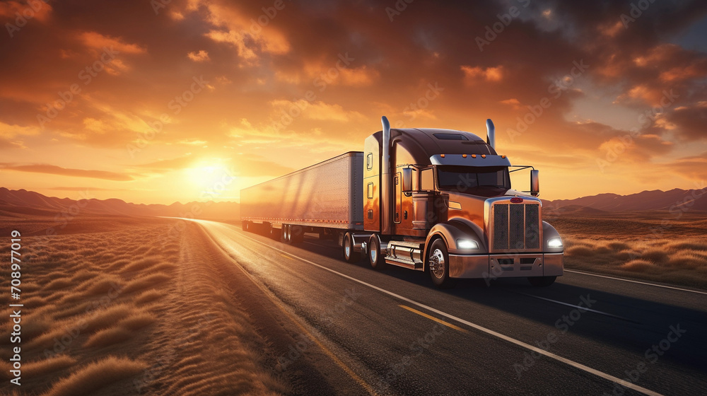 modern semi truck on cargo highway, cloudy sunny background, truck driver traveling on road