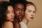 Sincere portrait of women of different races . Asian, Afro American, European 