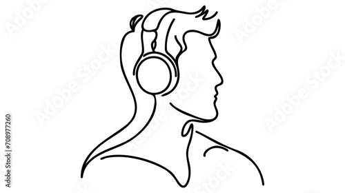 Profile portrait of man in headphones - continuous one line drawing