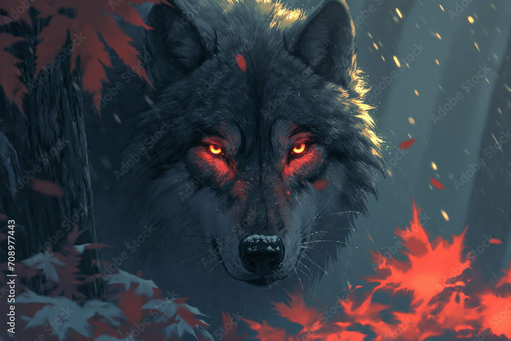 Wolf's Fiery Eyes Piercing the Depths of the Enchanted Woods Wolf's Fiery Eyes Piercing the Depths of the Enchanted Woods