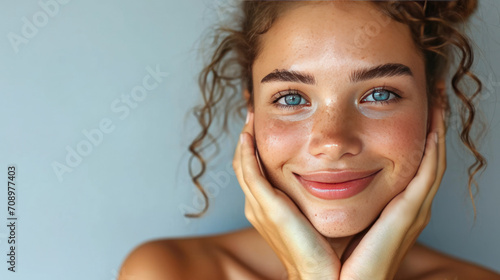 Beuaty close up portrait of young woman with a healthy glowing skin is applying a skincare product.