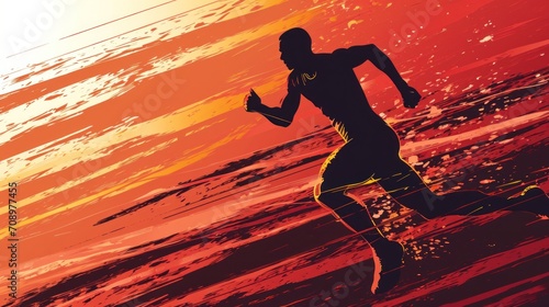  a silhouette of a man running on a beach with the sun setting in the background and the water splashing on the beach and the sand and behind him is a red and orange sky. © Olga