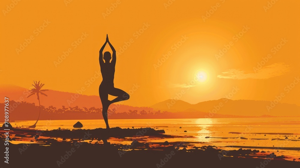  a silhouette of a person doing a yoga pose in front of the ocean with the sun setting in the background and palm trees in the foreground in the foreground.