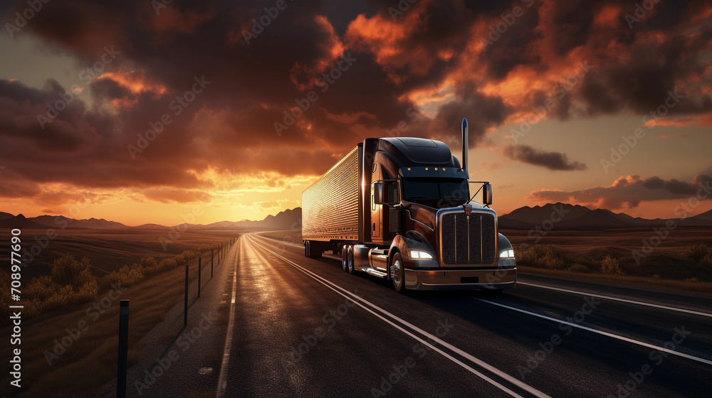 modern semi truck on cargo highway, cloudy sunny background, truck driver traveling on road modern semi truck on cargo highway, cloudy sunny background, truck driver traveling on road