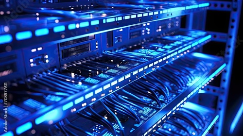Data center network infrastructure consisting of switch panels and cables, cloude storage concept