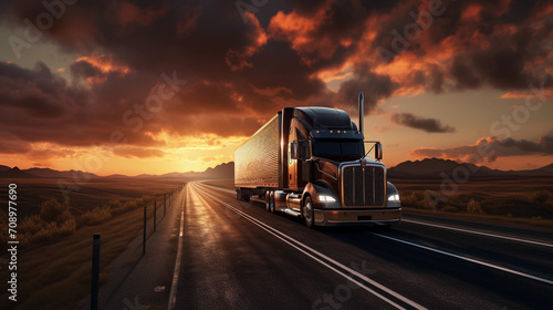 modern semi truck on cargo highway, cloudy sunny background, truck driver traveling on road