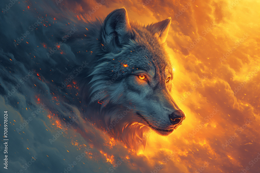 Wolf's Traverse Amidst Celestial Clouds and Fiery Embers Wolf's Traverse Amidst Celestial Clouds and Fiery Embers